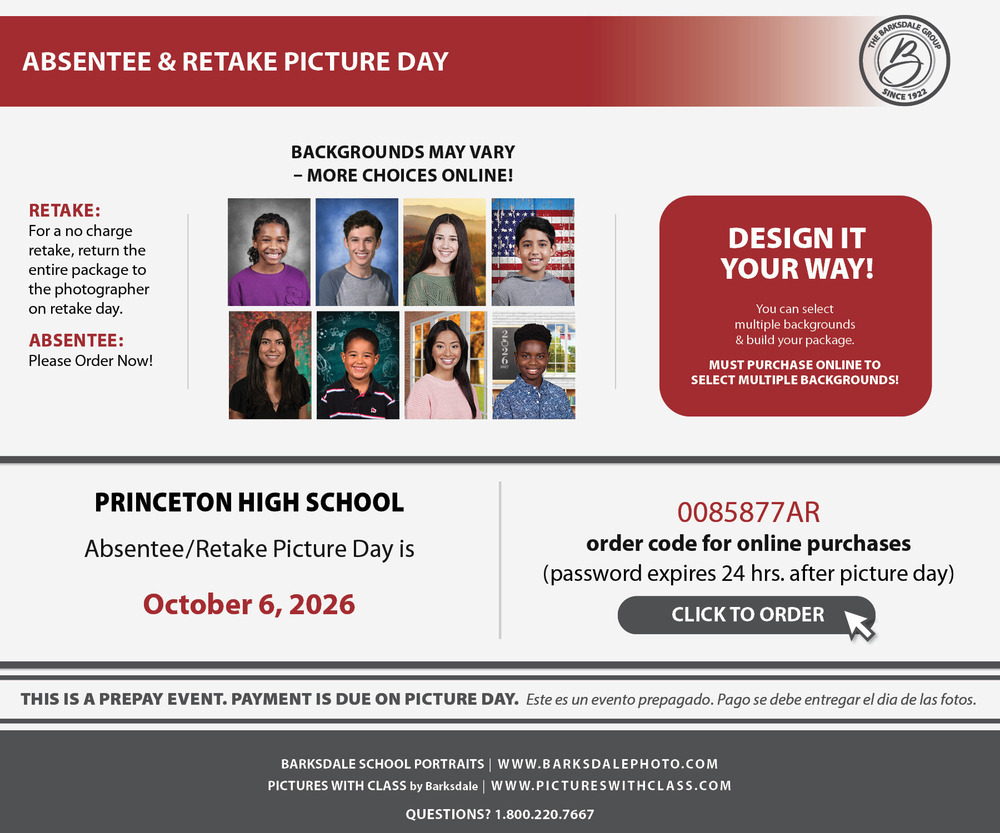 Princeton High School flyer announces absentee and retake picture day on October 6, 2026, with online ordering, background choices, and portraits.