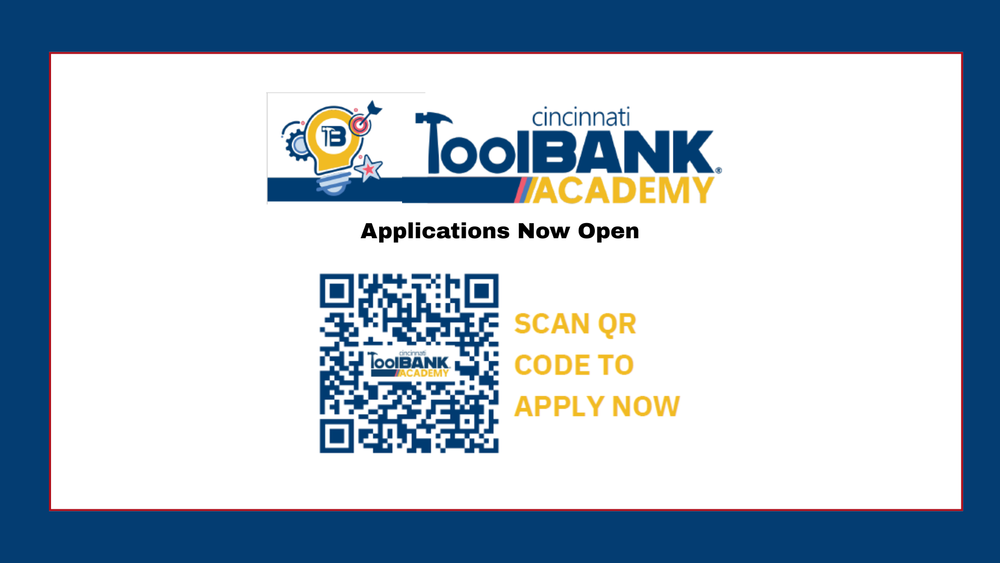 Blue outline with QR Code and logos for ToolBank Academy, text reads: Applications now open, Scan QR Code to Apply now