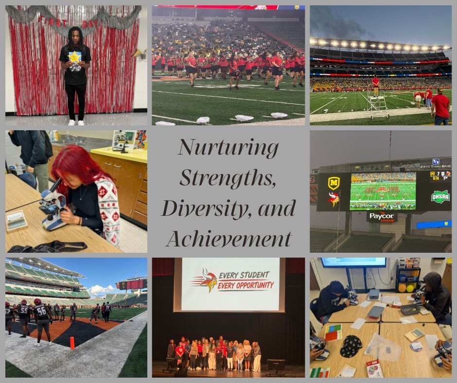 8-photo collage featuring students playing football, a view of Paycor Stadium, faculty and students accepting awards, and students looking through microscopes 
