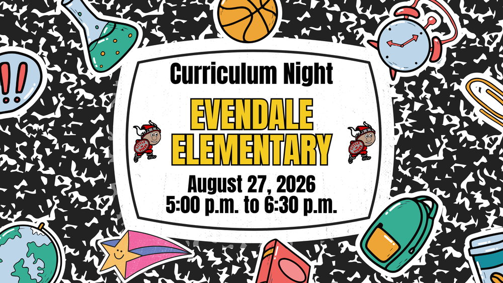 Graphic in the design of a composition notebook with the words Curriculum Night, Evendale Elementary, August 27, 2026, 5 p.m. to 6:30 p.m.