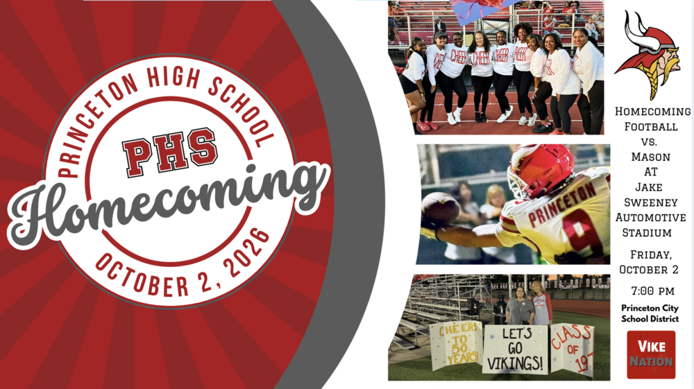 Princeton High School Homecoming 2026 graphic in red, white, and gray. A large circular “PHS Homecoming, October 2, 2026” design appears on the left. On the right are photos of Princeton staff and supporters at a football game, a Princeton football player in action, and Viking spirit signs in the stadium. Event details read: Homecoming Football vs. Mason at Jake Sweeney Automotive Stadium, Friday, October 2, at 7:00 p.m. Princeton City School District and Vike Nation logos appear at the bottom.