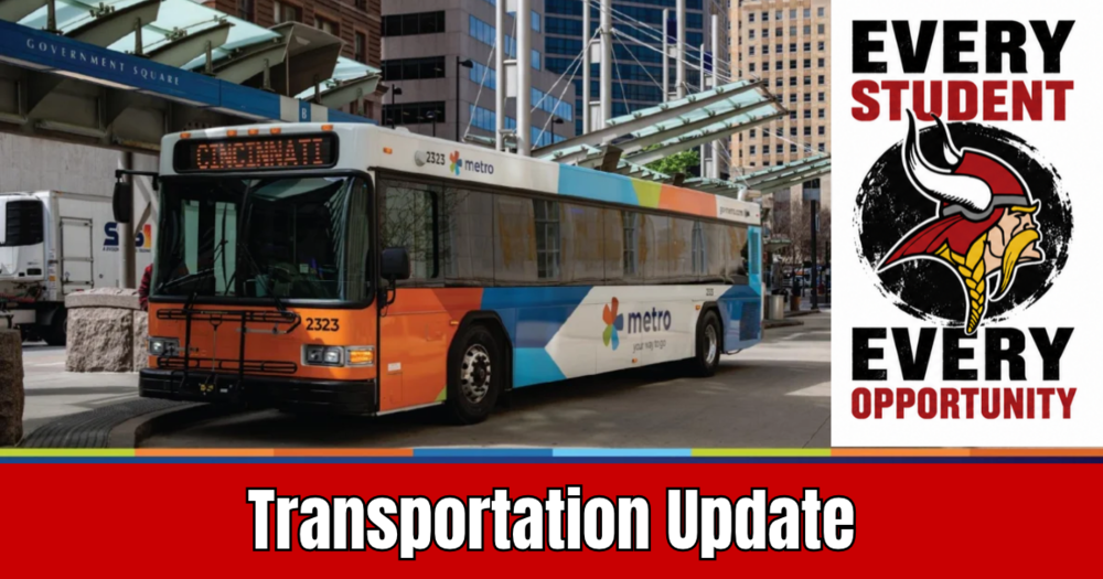 Graphic with a Cincinnati Metro Bus in the top left quadrant, the Princeton "Every Student, Every Opportunity" logo to the right, and at the bottom, text reading "Transportation Update"