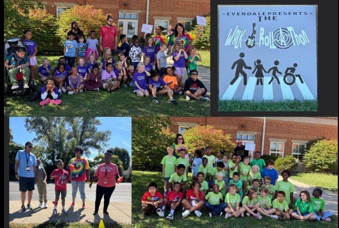 Four photos from the Evendale Walk and Roll Event on October 3, 2025. The top left shows a students with teachers posing wearing mostly blue, the top right shows the Walk and Roll logo, the bottom left, shows teachers and a student walking, the bottom right shows classrooms of students, mostly wearing lime green shirts posing in front of the school. The bushes in the photos are showing hints of fall, as they are starting to turn from green to yellow and orange.