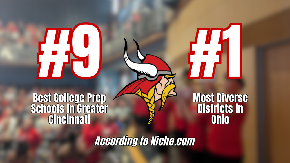 Blurred photo for background with the Princeton Viking head in the middle. To the left of the Viking head is the text "#9 Best College Prep Schools in Greater Cincinnati" and to the right is the text "#1 Most Diverse Districts in Ohio. At the bottom, text is "According to Niche.com"