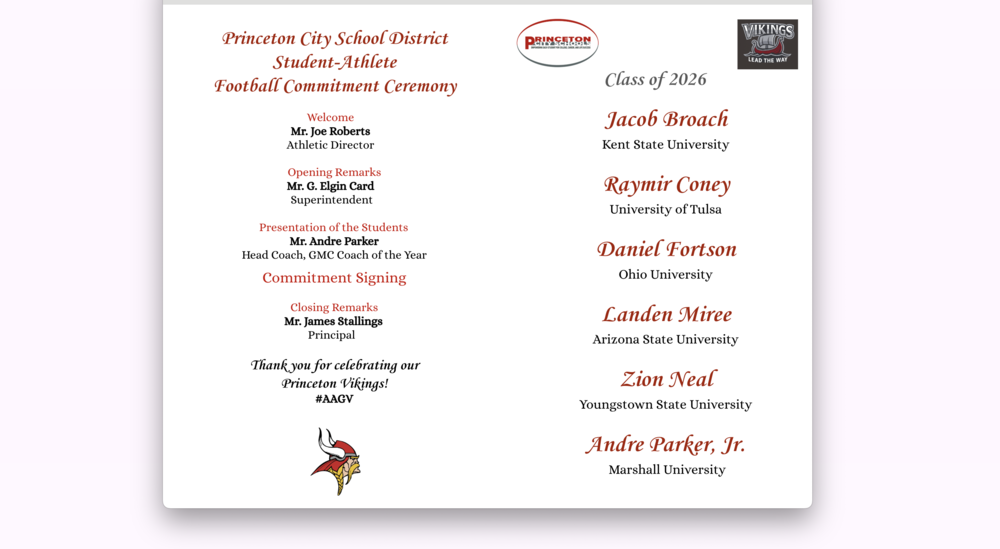 Program for the Viking Football Signing Commitment Day - December 3, 2025