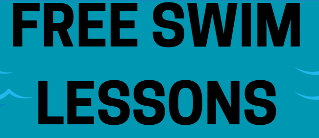 Free Swim Lessons, black lettering on blue water background