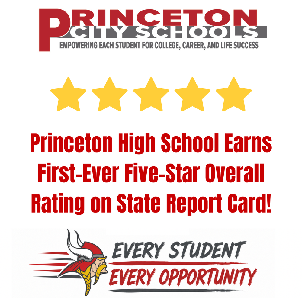 Graphic with the Princeton City Schools logo on top, five stars below it, and the text "Princeton High School earns first-ever five-star overall rating on State Report Card." At the bottom is a logo of the Princeton Viking head and the words "Every Student, Every Opportunity."