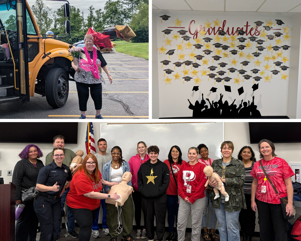 A picture of one of the schools retiring bus drivers. A picture of the Innovation center wall displaying the list of this year's graduates. A picture of a group photo of the Innovation Center faculty after completing CPR certification. 