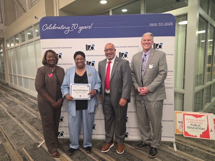 At the OSBA awards, President-Elect Mary Cleveland, Gina Ruffin Moore, Superintendent Elgin Card and Great Oaks Representative
