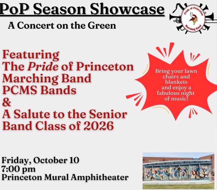 pride of Princeton band concert on the lawn in front of the murals on Friday, Oct 10 at 7 pm