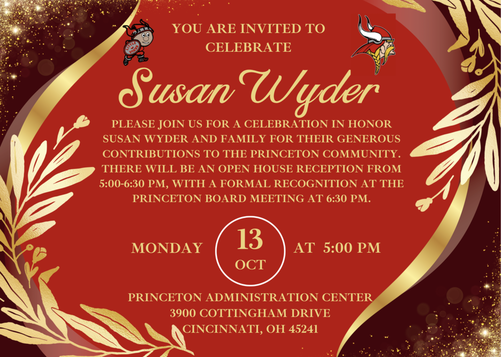 Invitation to Celebrate Mrs. Susan Wyder on Monday, October 13, at 5:00 PM at Princeton Administration Center