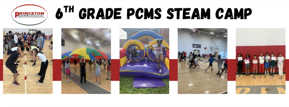 Image 4 – Cup Game / Reaction Game Alt Text: Two rows of children face each other across a line of small red cones on a gymnasium floor, hands on their heads, poised and ready to react in a competitive group game, with a large crowd of campers watching in the background.  Alt Text: A child leaps out of a colorful inflatable obstacle course while an adult emerges from a tunnel beside her, both smiling and having fun outdoors on a grassy area near a brick school building. Bounce House, games, and stiudents holding certificates they won.