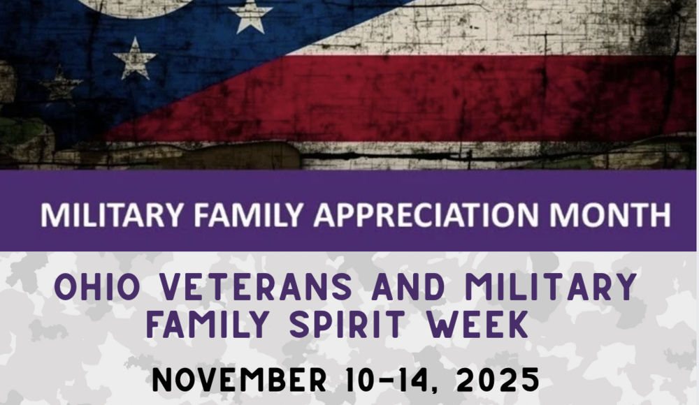 Partial image of the Ohio State flag on a wooden background with purple, white and black lettering that reads: MILITARY FAMILY APPRECIATION MONTH OHIO VETERANS AND MILITARY FAMILY SPIRIT WEEK NOVEMBER 10-14, 2025