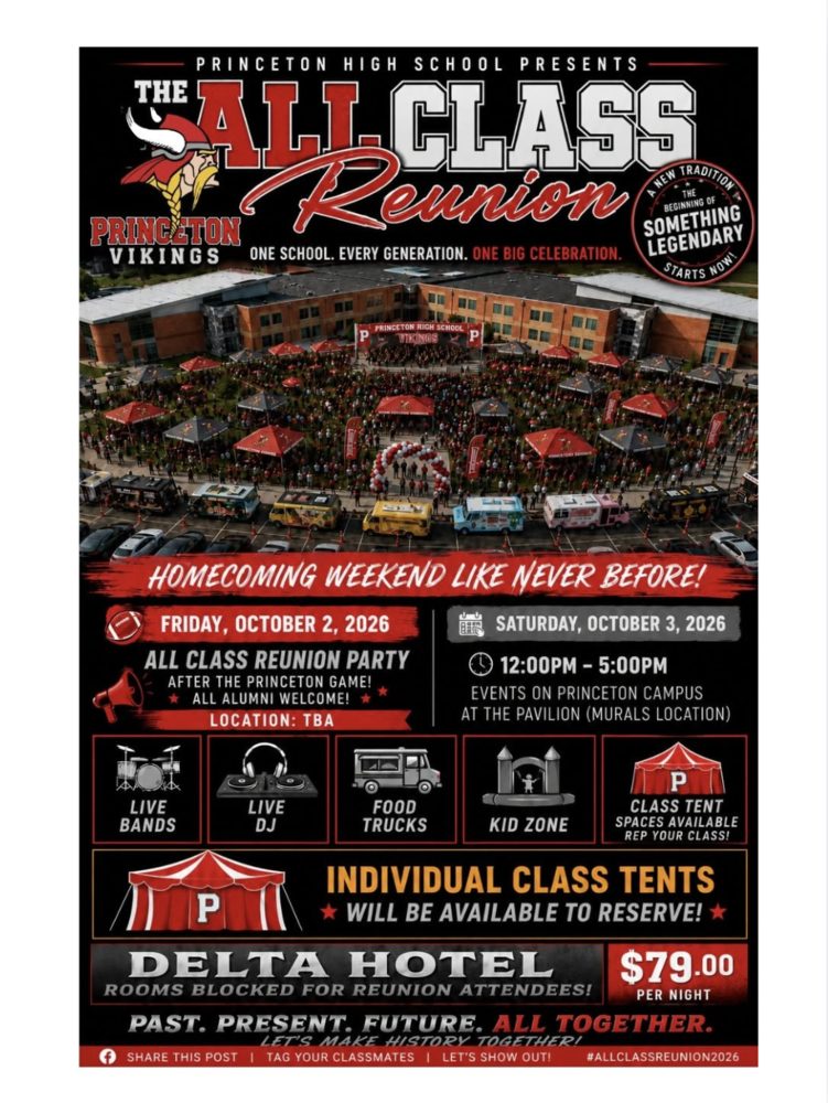 Promotional flyer for Princeton High School’s All Class Reunion during Homecoming Weekend, October 2–3, 2026. Friday, October 2, features an all-class reunion party after the Princeton football game, with all alumni welcome; location to be announced. Saturday, October 3, reunion events will be held from noon–5 p.m. on the Princeton campus at the Pavilion, featuring live bands, a DJ, food trucks, a Kid Zone, and individual class tents available to reserve. Delta Hotel rooms are blocked for reunion attendees at $79 per night. The flyer features an aerial view of Princeton High School filled with alumni, reunion tents, food trucks, and red-and-black Viking decorations. Theme: “One school. Every generation. One big celebration.”