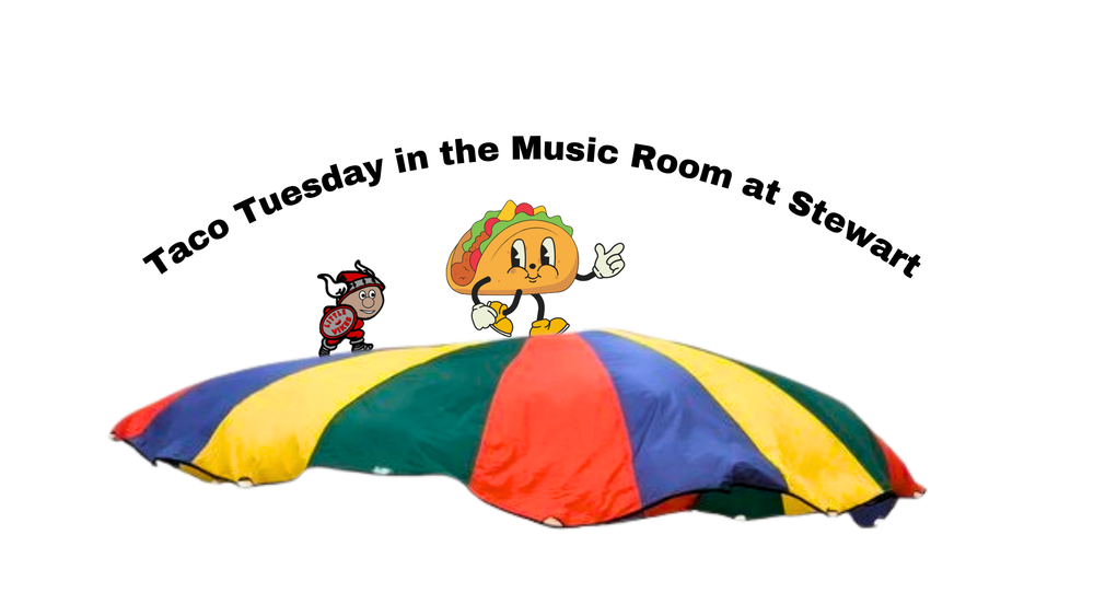 Taco Tuesday in the Music Room at Stewart image of little vike logo and taco with parachute