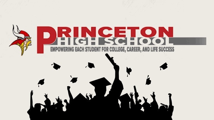 Princeton logo with silhouettes of people in Cala and gowns with caps also flying in air