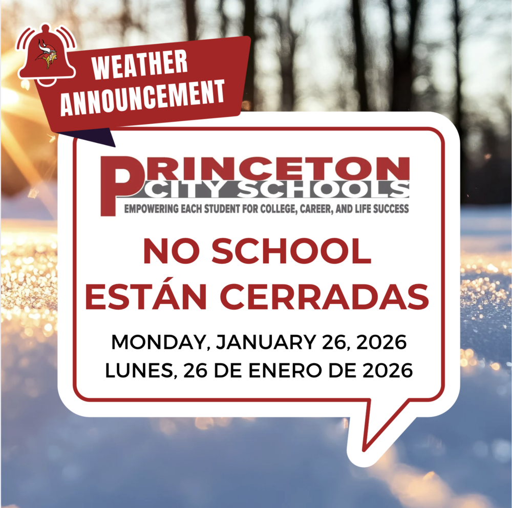 No school on January 26 graphic with weather announcement bell in red , PCSD logo, and snow scene in background