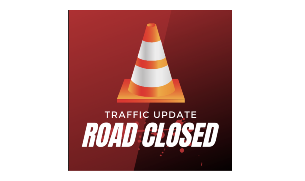 Road Closed with traffic cone graphic - red background