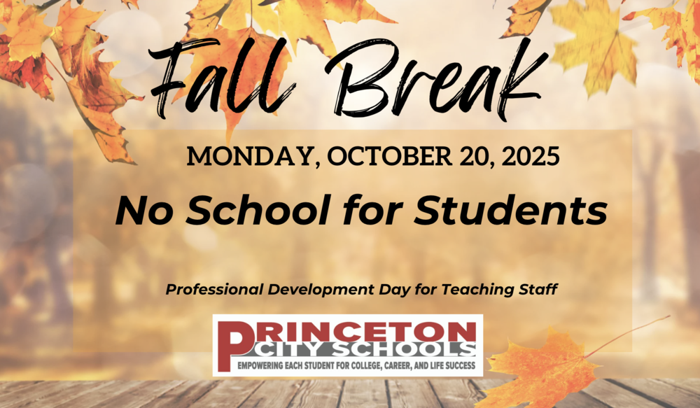 Fall Break - no school on Monday, October 20, 2025 for students; yellow and orange leaves and a wooden deck or table