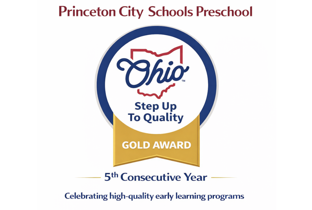 Princeton City Schools Preschool graphic featuring the Ohio Step Up To Quality logo with a “Gold Award” ribbon, noting “5th Consecutive Year” and the tagline “Celebrating high-quality early learning programs.”