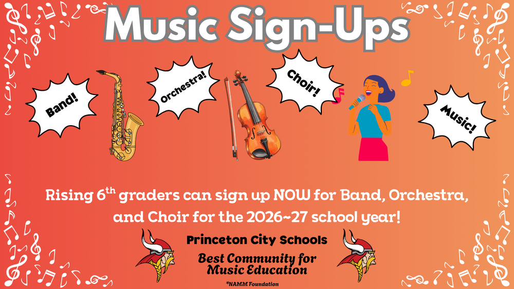 Graphic for music sign-ups with a graphic of a saxaphone, violin, and woman singing with text regarding rising 6th graders signing up for music classes for the 2026-27 school year