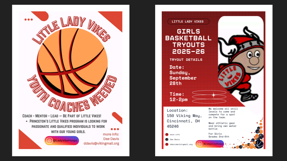 Informational flyers for little lady vikes youth basketball teams and coach interest