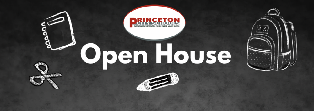 Open House for Heritage Hill with PCSD logos and a chalk backpack with photos of students on a chalky blackboard