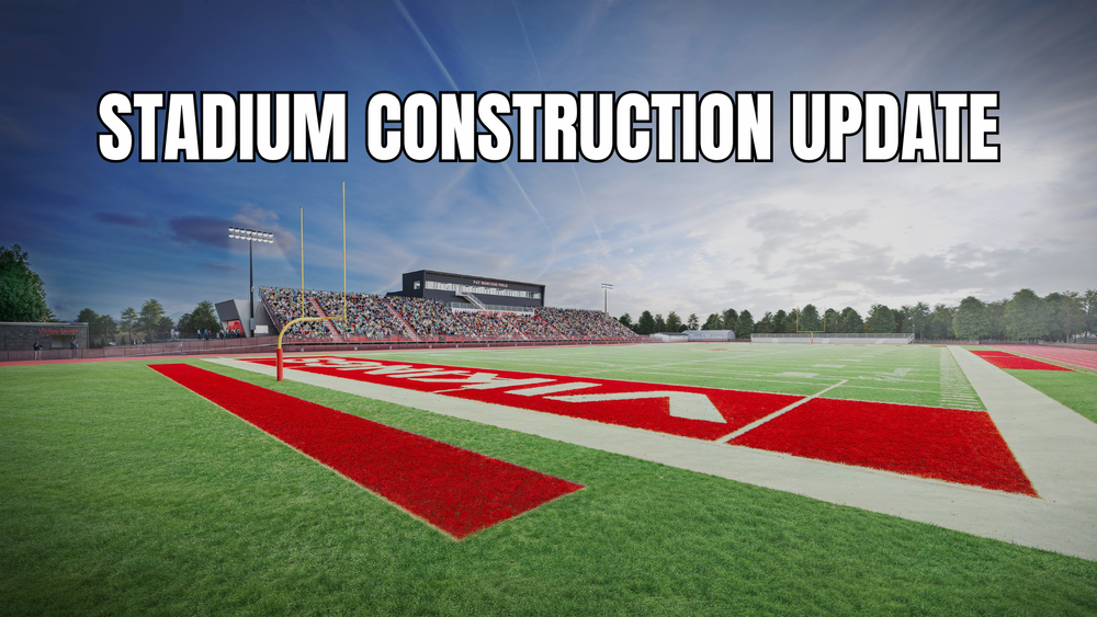 Stadium Construction Update with rendering of the new field and press box above stands in the distance.