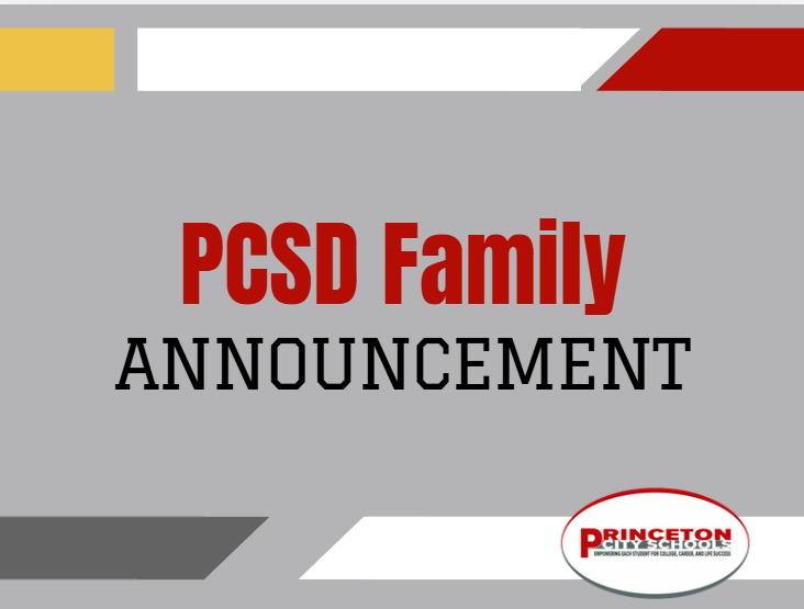 PCSD Family Announcement on Grey background with likes and hints of Scarlet Red, Gray, White and Yellow and the Princeton Oval Logo in the right hand corner