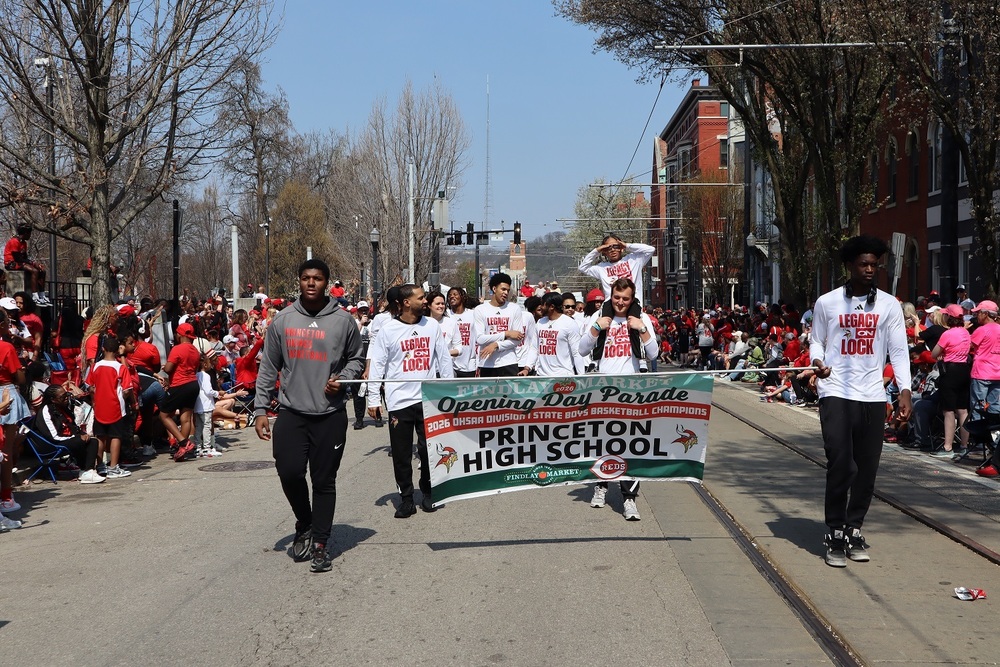 Photo of the Princeton High School Boys Basketball team walking in the Findlay Market Opening Day Parade