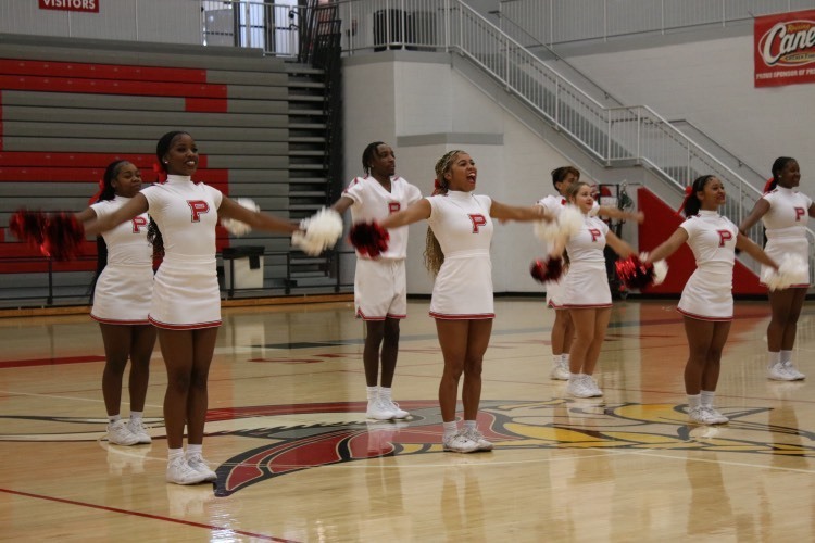 Princeton cheerleaders performing in the Viking Arena. 
