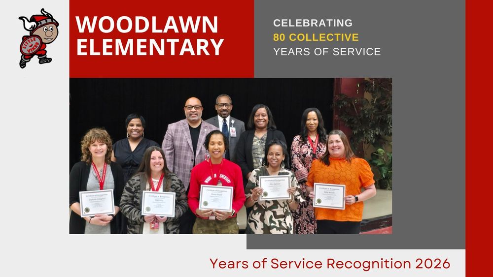 Woodlawn Elementary School celebrates staff with Milestone Years of Service. Six (6) staff members were recognized and pose for a photo with Princeton administration staff on the stage at the school. 