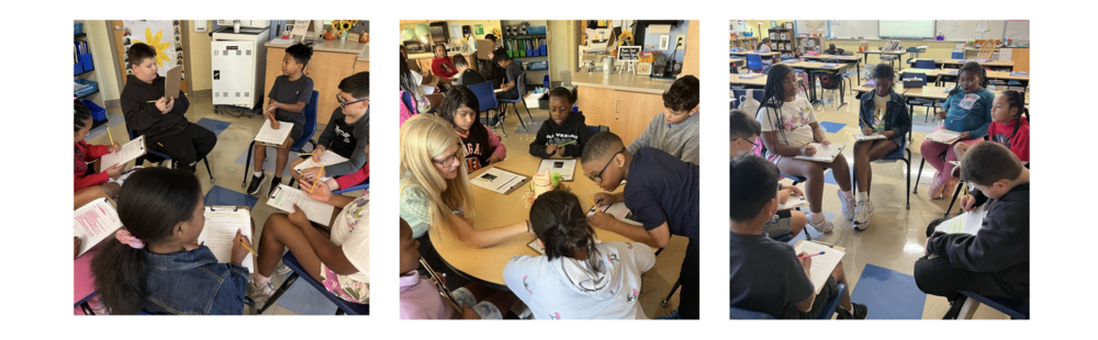 Just look at Mrs. Biddles 4th graders over here at Springdale! They are working in small groups to write focus statements in Reading class. Three photos of students working in groups together.