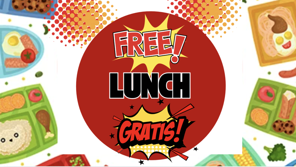 Free Lunch /Gratis in comic book letters with happy drawings of school lunches surrounding the red circle with the Free Lunch text