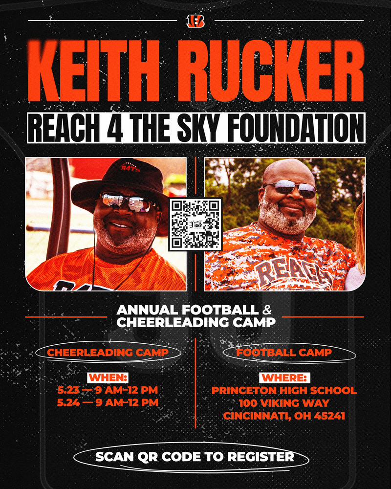 Two photos of a smiling adult man wearing sunglasses. In one image, he wears a black hat and orange shirt; in the other, he wears an orange patterned shirt with the word “Reach.” A QR code is displayed between the images.