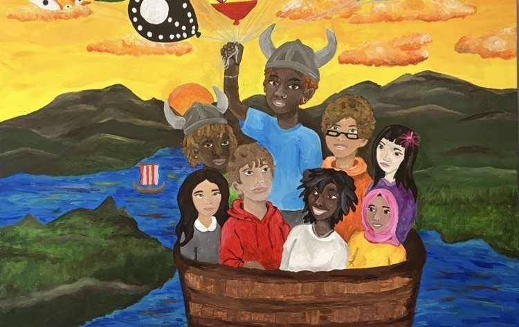 mural created by AP & IB students. various students in a basket being carried by a student holding balloons. they are over a painted scene of mountains and river with a Viking ship in the water. 