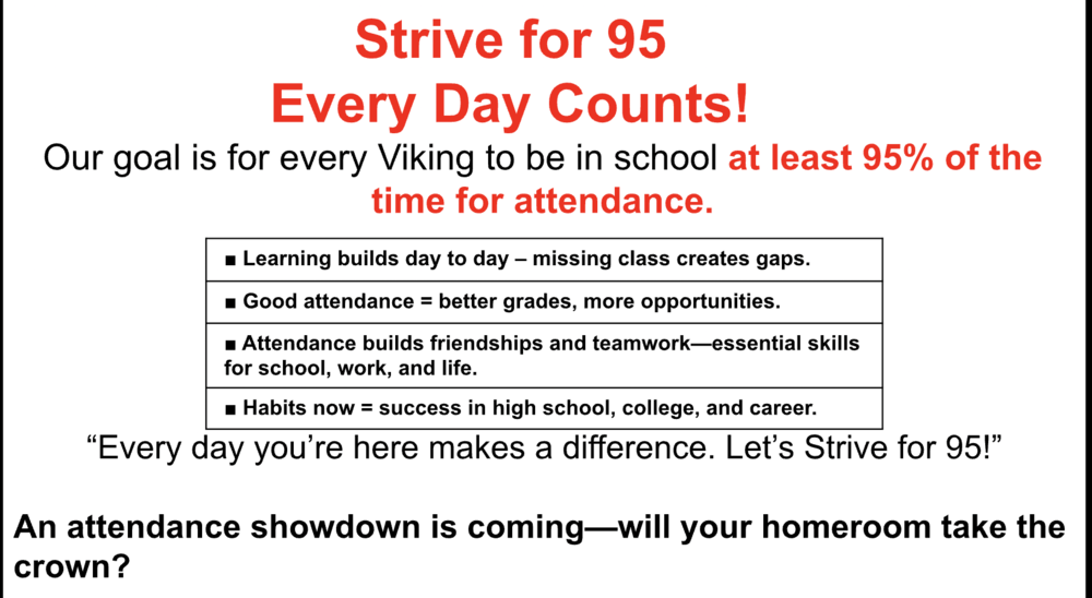Strive for 95 - Every Day Counts - Our goal is for every Viking to be in school at least 95% of the time for attendance. 