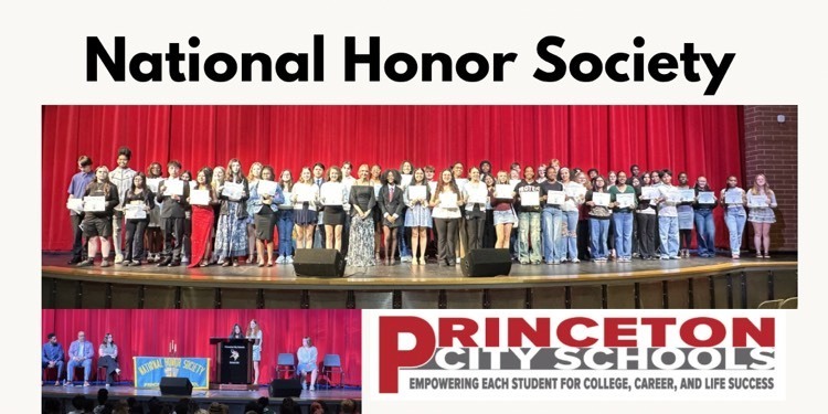 National Honor Society induction ceremony group photo, PCSD logo in the right bottom corner, on left bottom is photo of Lilli Edmiston and Jennifer Lopez at podium during the ceremony. They have district leaders in chairs on the left side of stage.