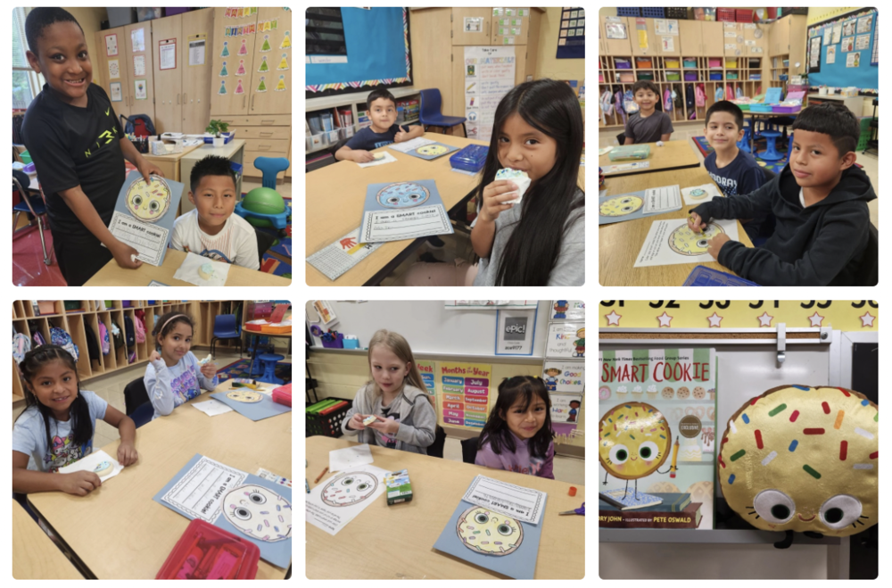 6 photos of students and their book projects: Heritage Hill's 2nd grade is full of smart cookies! 🍪 These students read the book "The Smart Cookie" and discussed how each of us are smart in different ways. Students wrote about how they are smart cookies & then got to enjoy a cookie treat together!