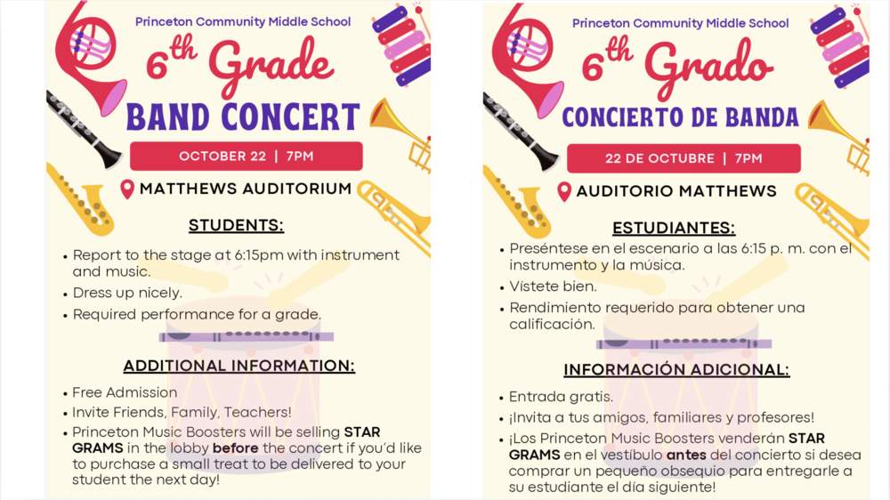 Side by Side in English and Spanish - Flyer for Princeton Community Middle School 6th Grade Band Concert on October 22 at 7PM at Matthews Auditorium. The design features colorful musical instruments including a trumpet, saxophone, clarinet, xylophone, and French horn arranged around the text. Students should report to stage at 6:15pm with instruments and dress nicely. This is a required performance for a grade. Free admission with friends and families. All are welcome. Star Grams will be sold in the lobby before the concert.