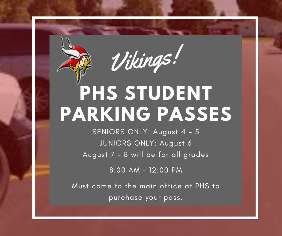 Student parking pass graphic with gray text box and red square background shaded over a parking lot photo.