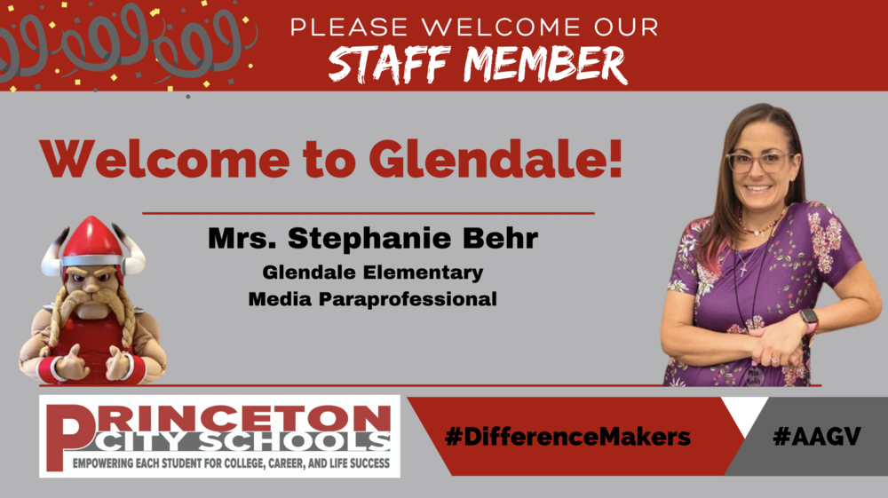 Mrs. Behr - Welcome to Glendale with Princeton logos and Viking Mascot
