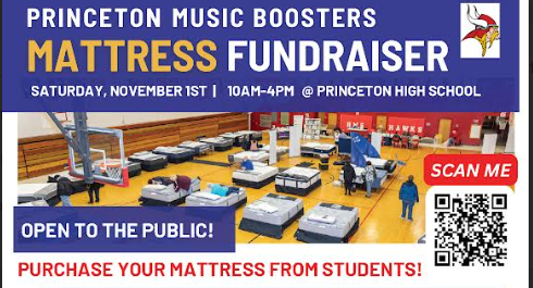 Princeton Music Boosters Mattress Fundraiser. Saturday, November 1 from 10am-4pm at Princeton High School.  Open to the public- purchae your mattress from students, image of mattress sale in PHS Gym, scan me QR Code and Viking Head logo