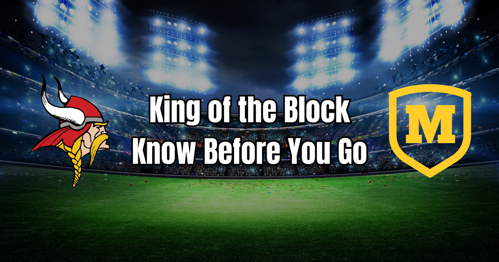Graphic of a football stadium in the background with a slightly transparent background. In the foreground are the Princeton Viking logo and the Moeller Crusaders logo with the words "King of the Block - Know Before You Go" between the two logos.