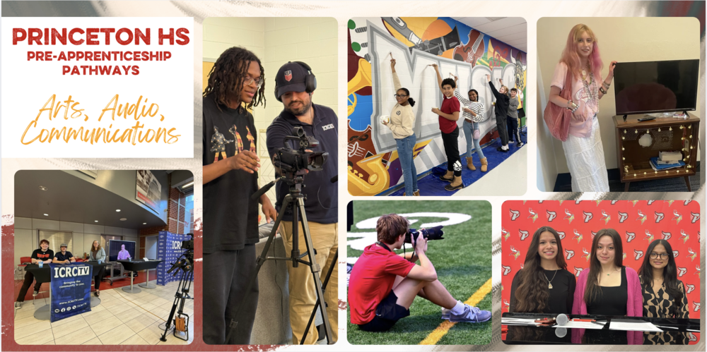 A photo collage highlighting Princeton High School’s Arts, Audio, and Communications Pre-Apprenticeship Pathways. Images show students operating video cameras, broadcasting at ICRCTV tables, painting a large wall mural, photographing sports on a field, and posing at school events.
