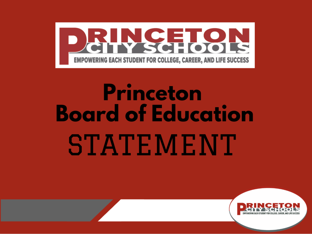 Princeton logo, Princeton Board of Education Statement, with oval logo on red background with white and gray accents