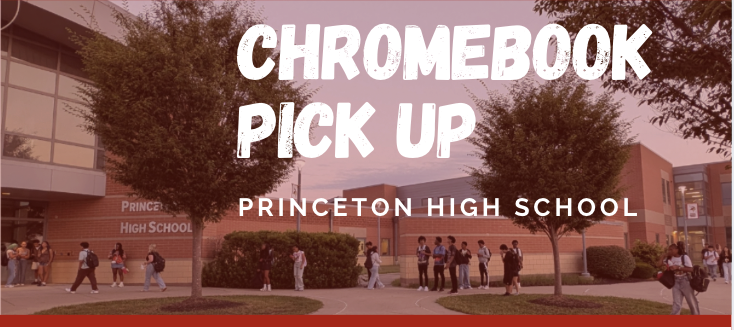 Princeton High School Chromebook Pick Up with photo of students walking into the front of the school