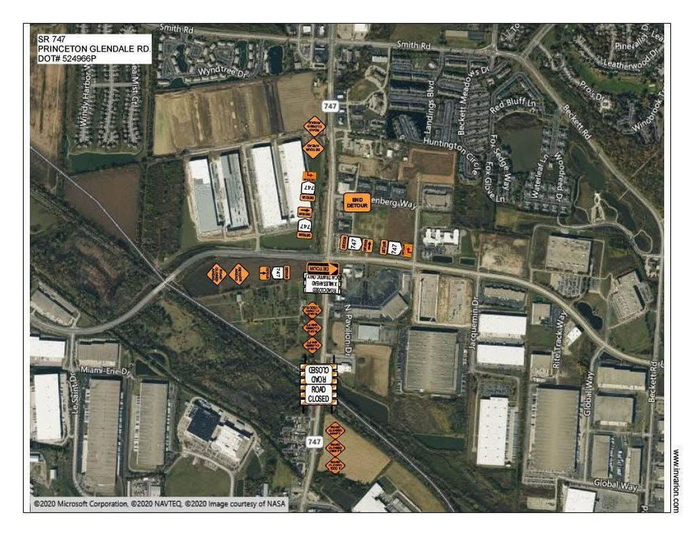 Ariel photo map of where the railroad will be closed. 🚨🚧 ATTENTION - Another Railroad Closure: SR 747 and Princeton Glendale Road will be closed from November 3 to November 11 due to railroad track repairs. There will be message boards to notify the traffic. Please plan alternate routes and allow extra time to travel. This work is being conducted on behalf of the railroad in partnership with the Ohio Department of Transportation (ODOT).