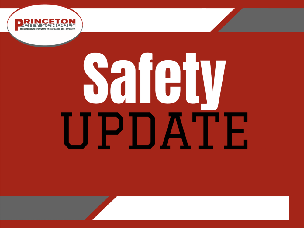 Red safety Update graphic with PCSD logo and gray and white lines as accents