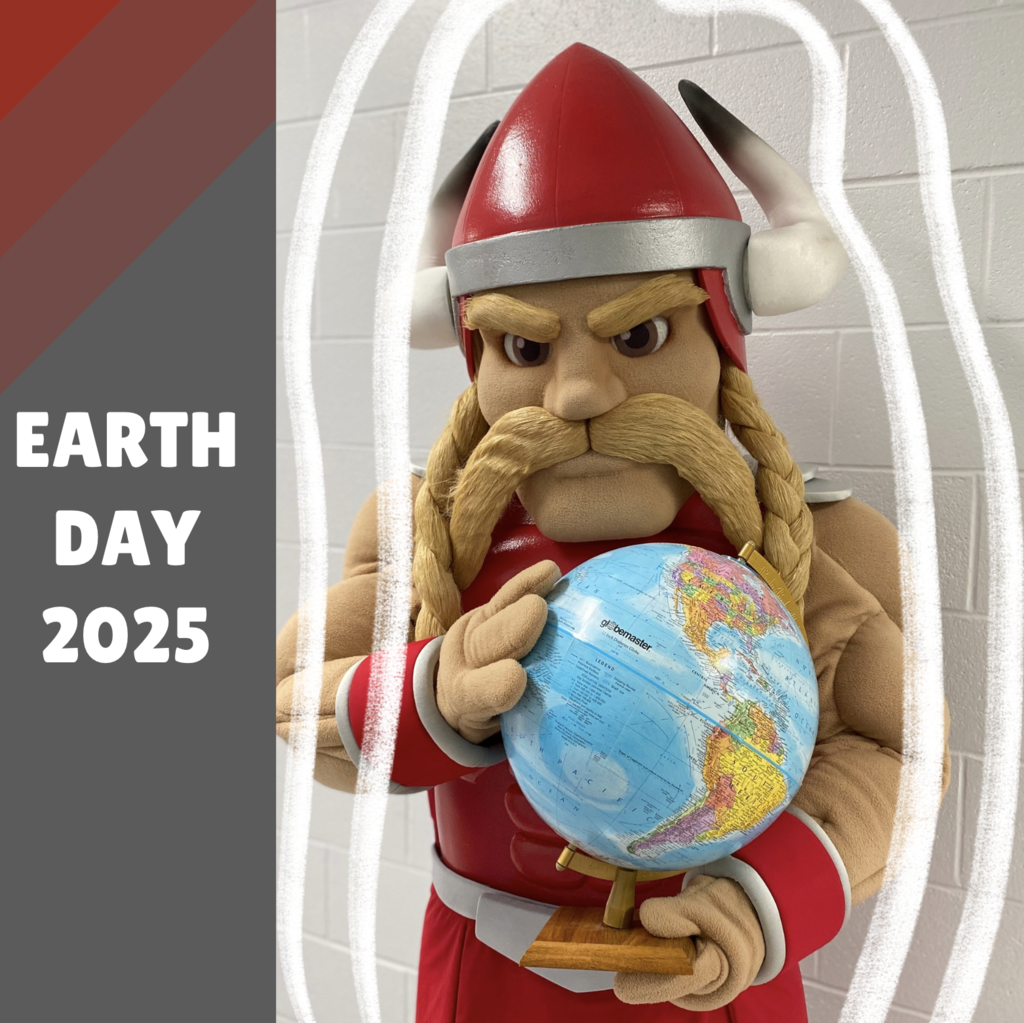 Viking Mascot holding globe for Earth Day 2025